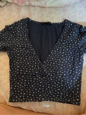 Brandy Melville Navy Blue Floral Wrap Crop Top